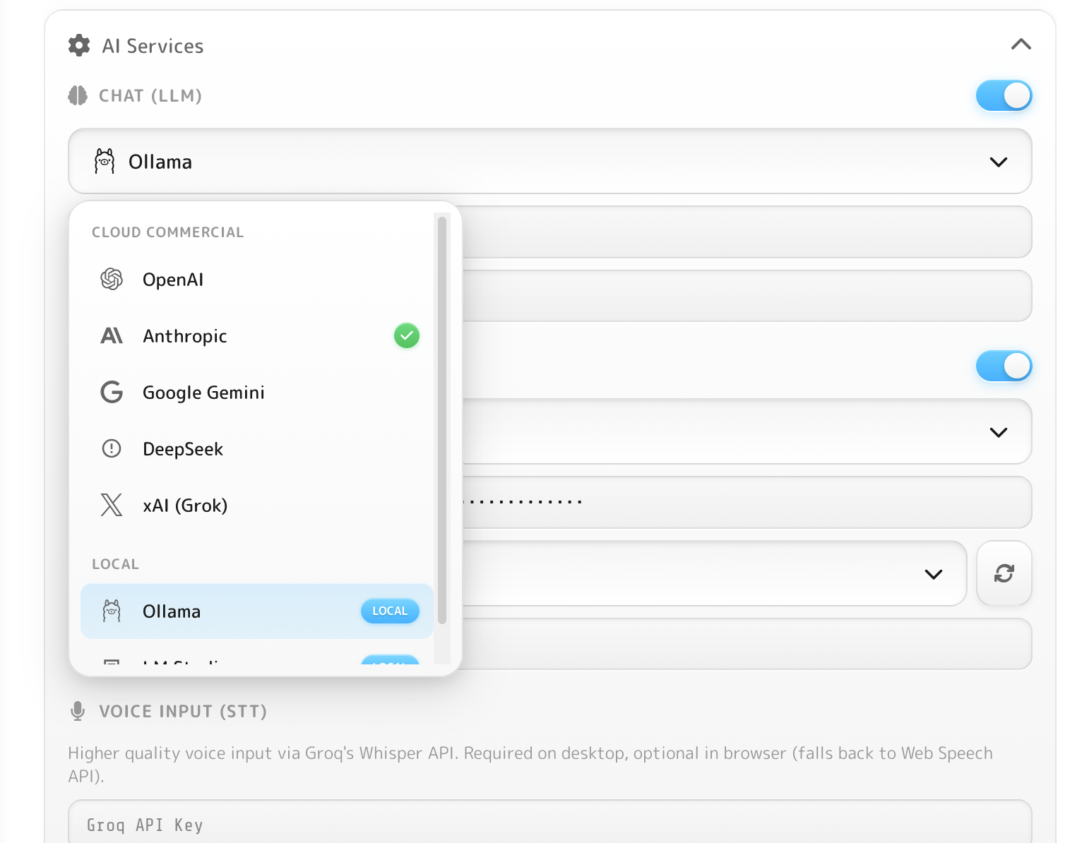 Settings panel showing LLM provider options including OpenAI, Anthropic, and Ollama