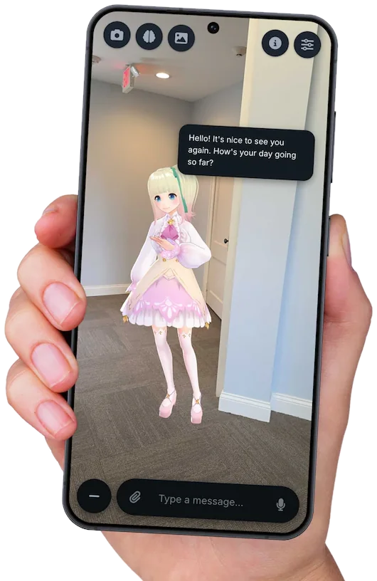A phone showing a VRM companion standing in a real hallway through the camera