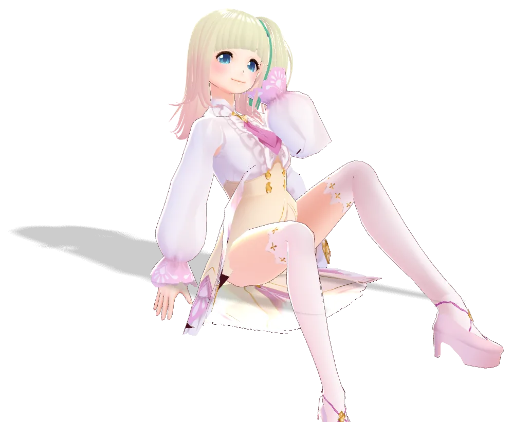 Momo, a 3D VRM companion, sitting on the floor with her chin in her hand