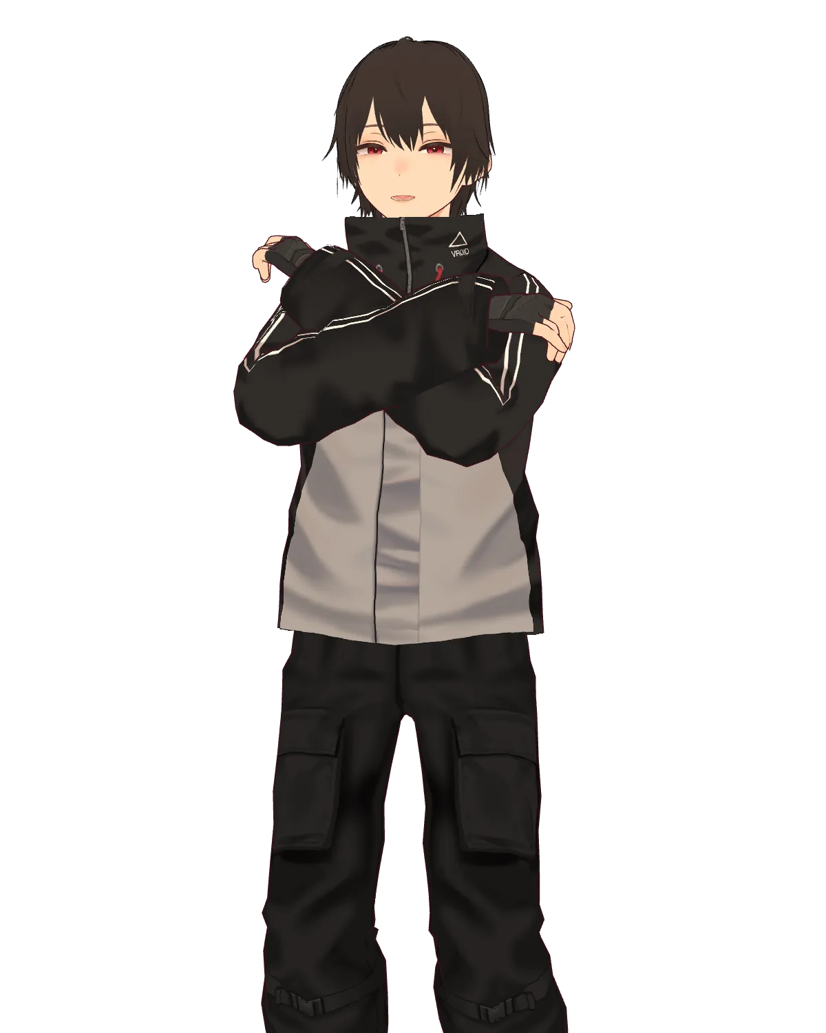 A 3D VRM companion with dark hair and a high-collared jacket, arms crossed