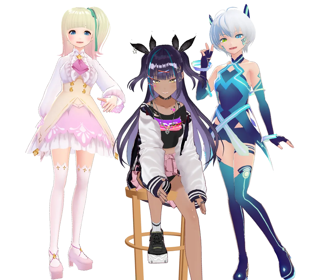 Momo, Tsuki, and Yuki, three 3D VRM companions, posing together around a stool