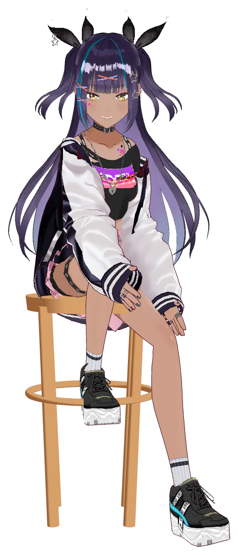 Tsuki, a 3D VRM companion, sitting on a wooden stool