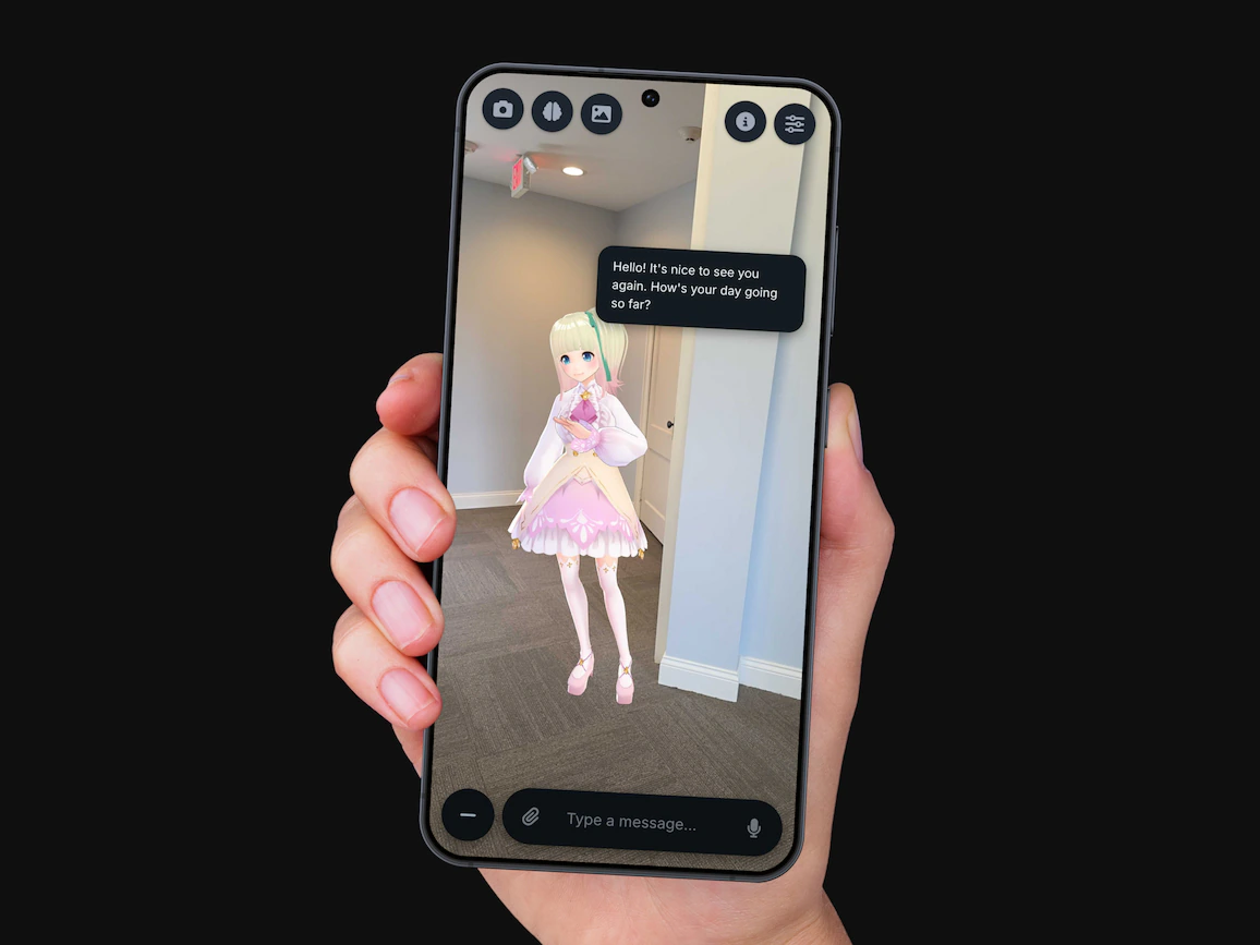 Utsuwa VRM companion in WebXR AR camera passthrough shown on an Android phone held in a hand