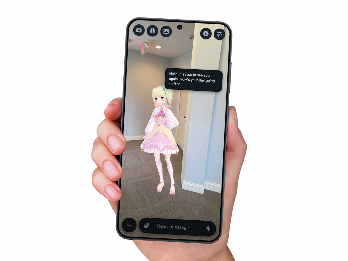 Utsuwa VRM companion in WebXR AR camera passthrough shown on an Android phone held in a hand