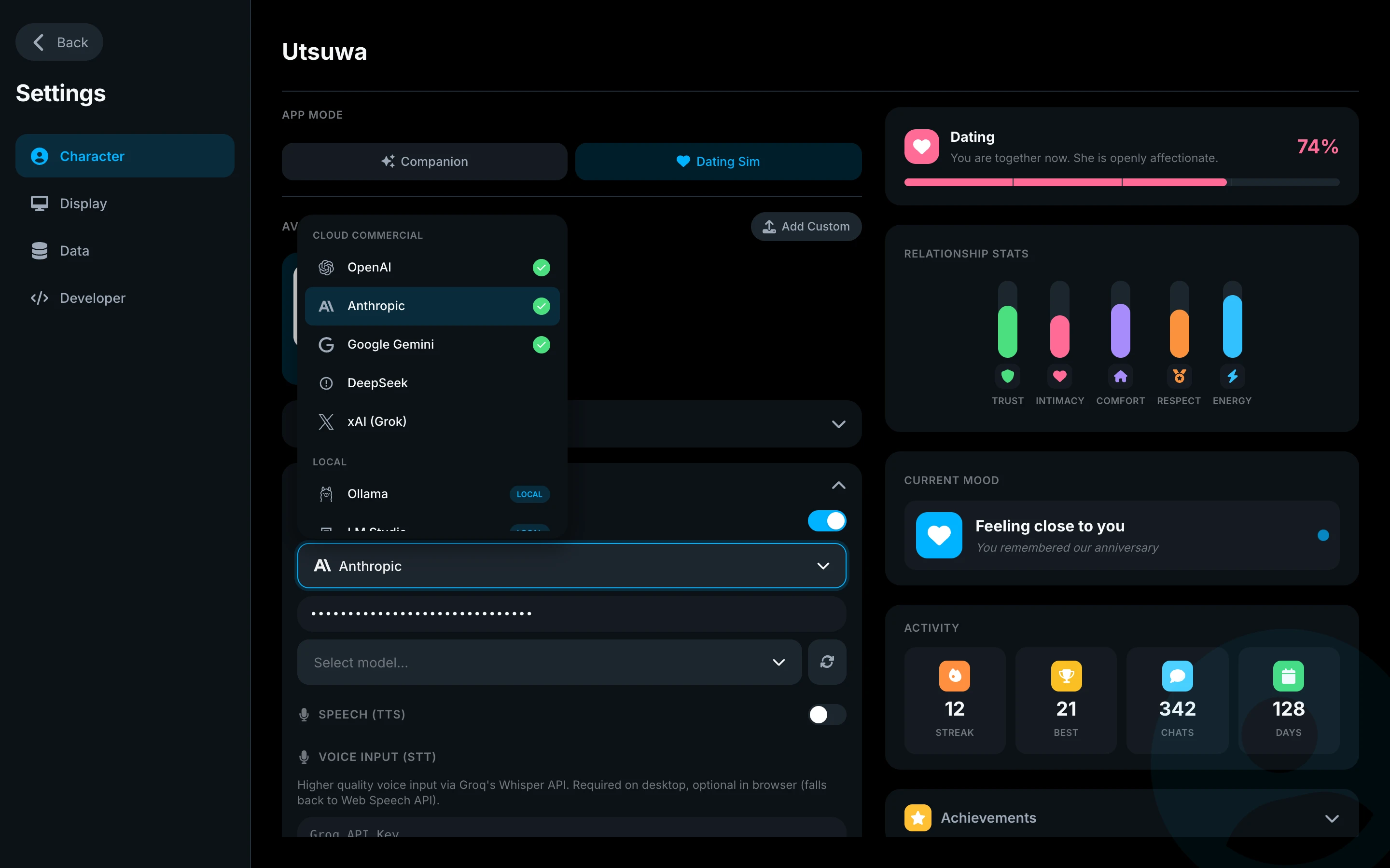 Settings panel showing LLM provider options including OpenAI, Anthropic, and Ollama