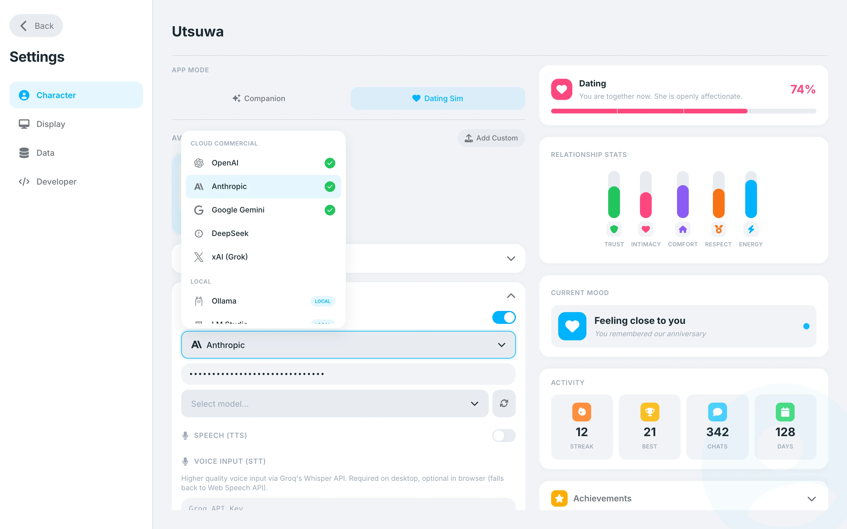 Settings panel showing LLM provider options including OpenAI, Anthropic, and Ollama