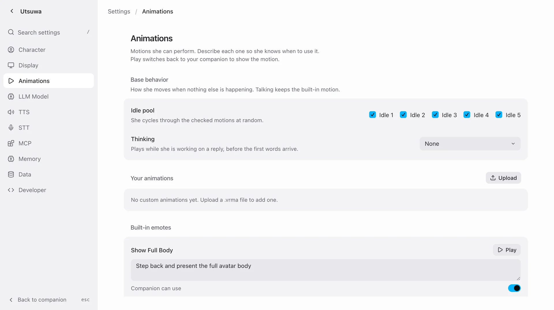 The Animations settings page, with the idle pool, a thinking motion picker, and a built-in emote with its description